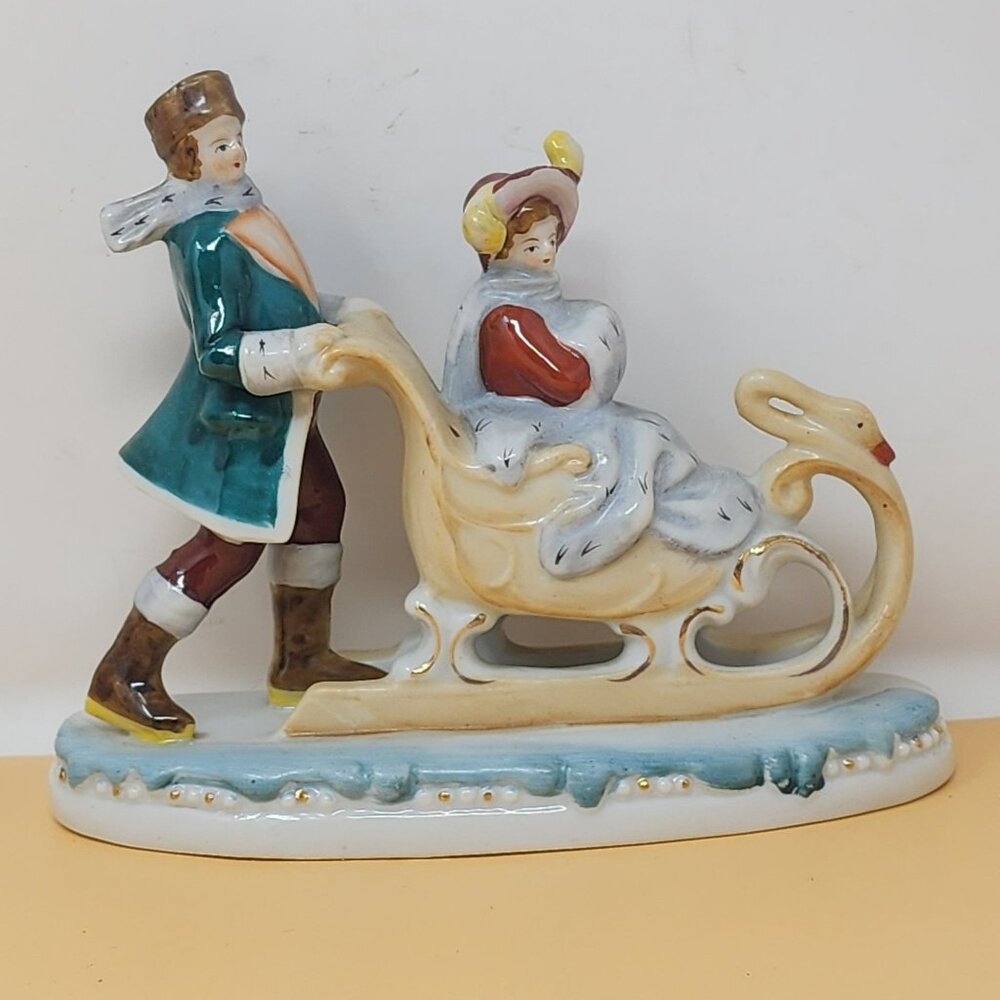 Vintage Paulux‎ Porcelain Figurine Winter Sleigh Scene Hand-Painted Collectible
